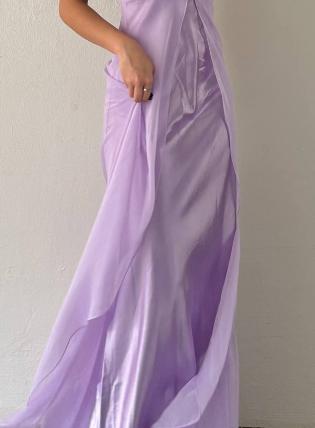 Retro Purple A Line Spaghetti Strap Flower Satin Chiffon Party Dress Evening Dress DP2869