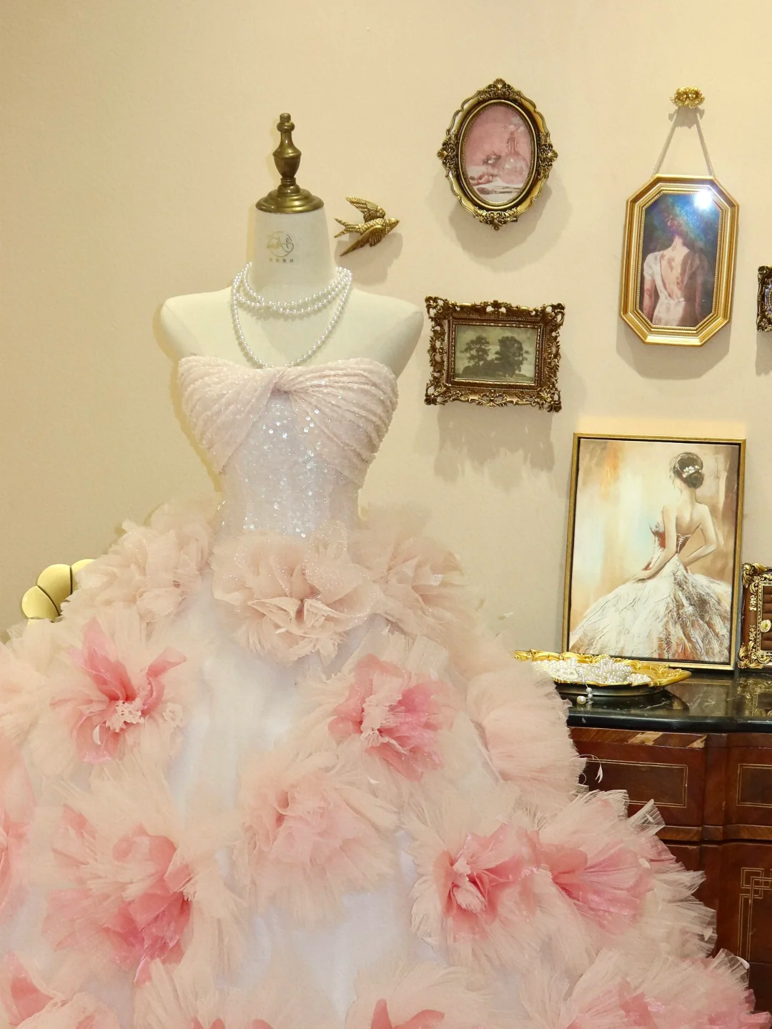 Pink A Line Sweetheart Neck Sequin Flower Tulle Prom Dress Evening Dress DP2812