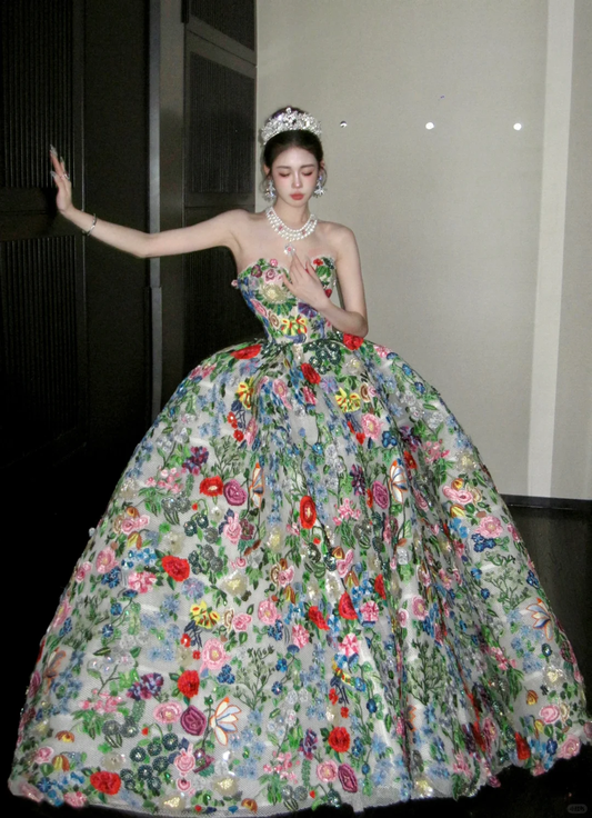 Elegant Ball Gown Sweetheart Neck Embroidery Flower Tulle Long Party Dress Prom Dress DP2528