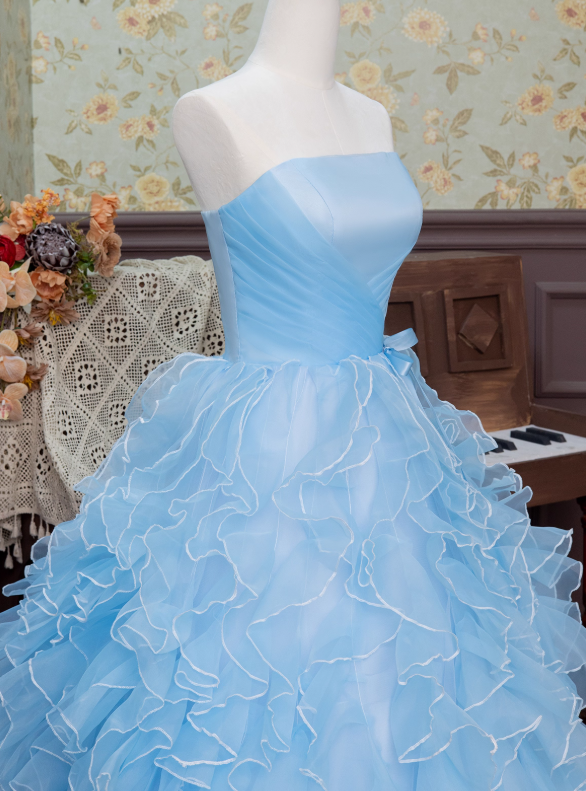 Blue Ball Gown Strapless Ruffle Layered Organza Prom Dress 16th Birthday Dress DP3564