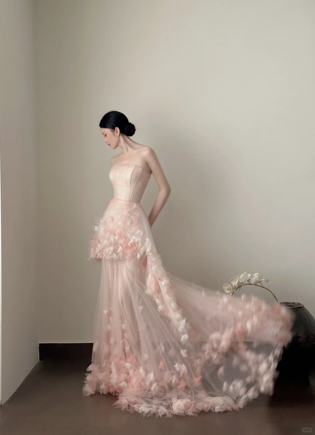 Dreamy Pink Mermaid Strapless Floral Tulle Prom Dress Formal Dress Party Dress DP3446