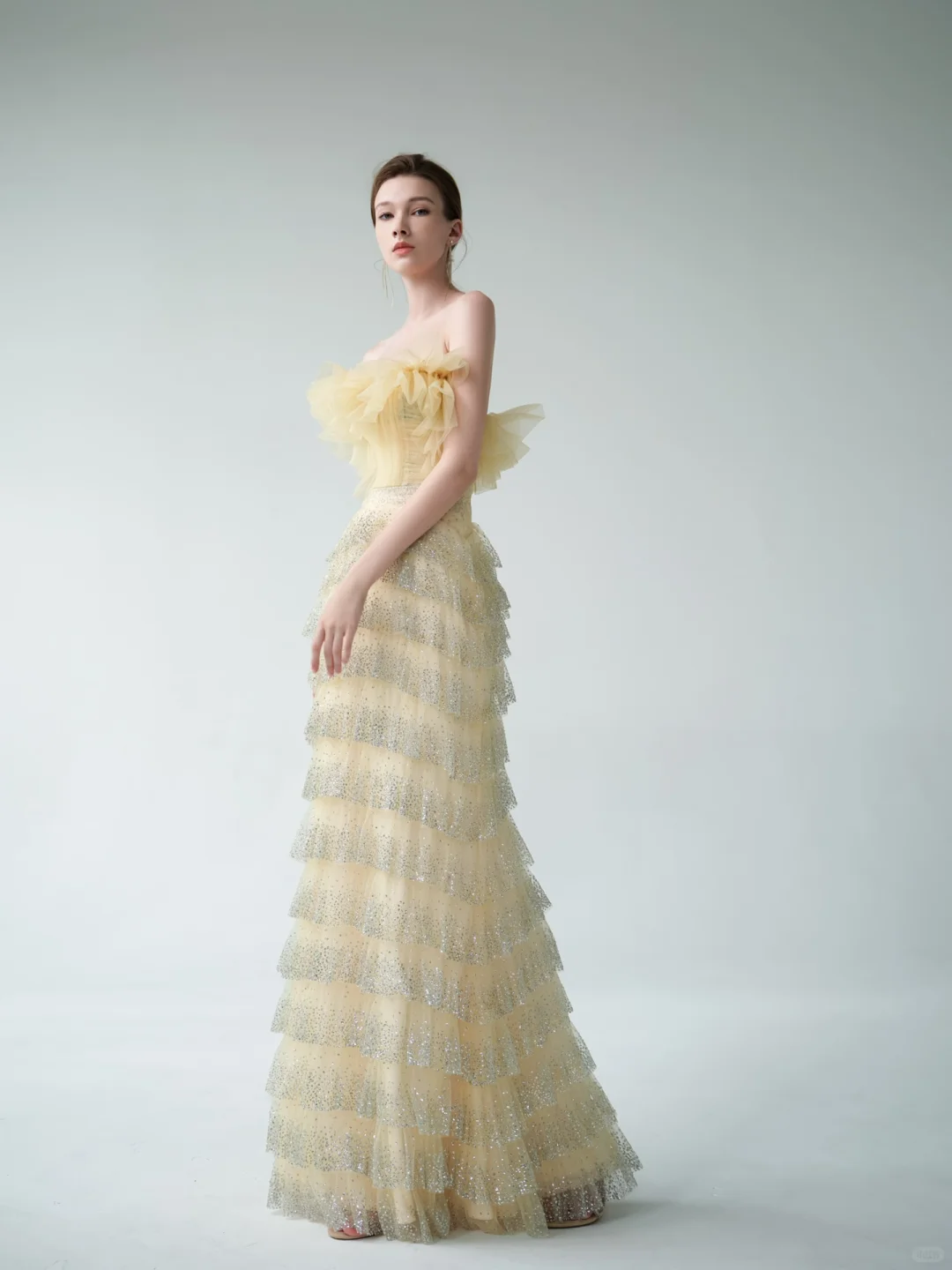 Yellow Sheath Strapless Layered Tulle Sequin Party Dress Prom Dress Formal Gown DP3726