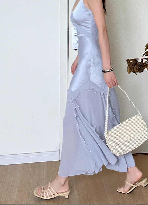 Gentle Mermaid Spaghetti Strap Pearl Chiffon Satin Prom Dress Evening Dress Party Dress DP3583