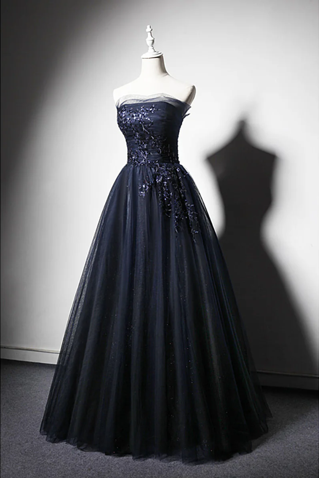 Strapless Navy Blue Tulle Lace Appliques Prom Dress Evening Dress DP381