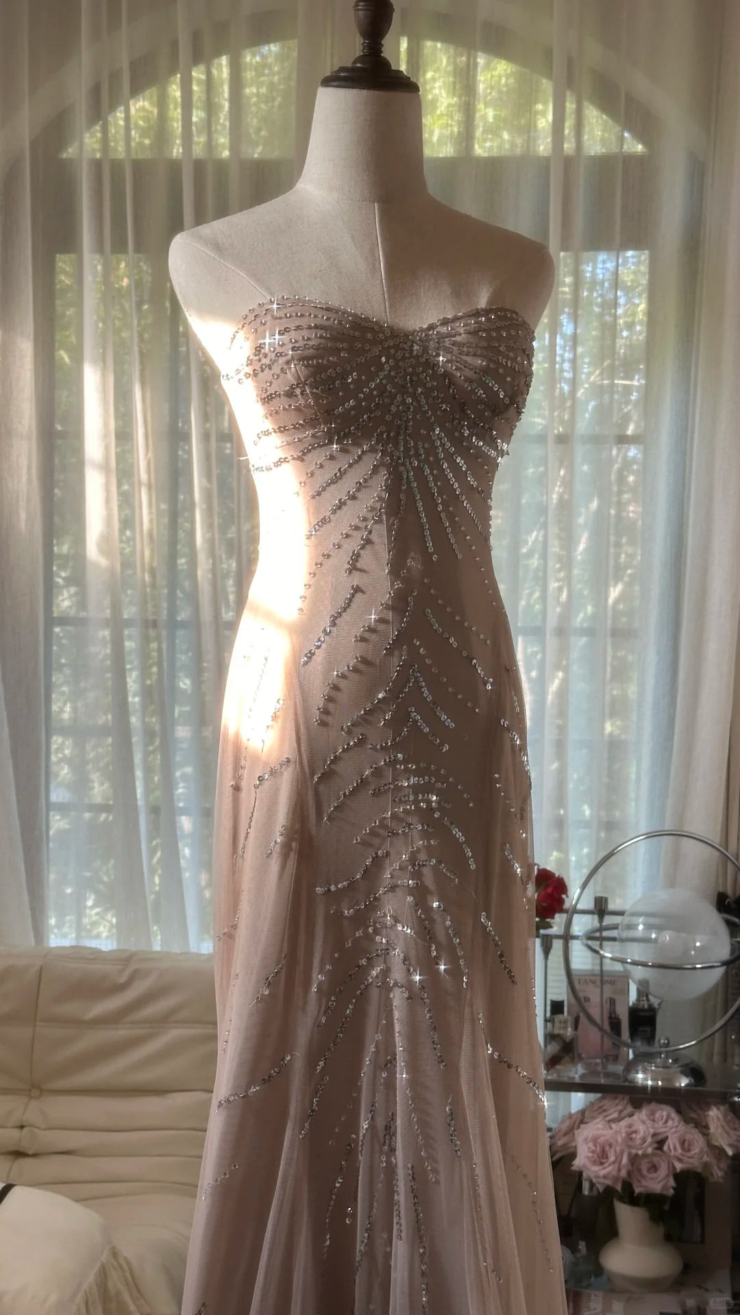Elegant Mermaid Strapless Sequin Chiffon Long Party Dress Wedding Guest Dress DP2480