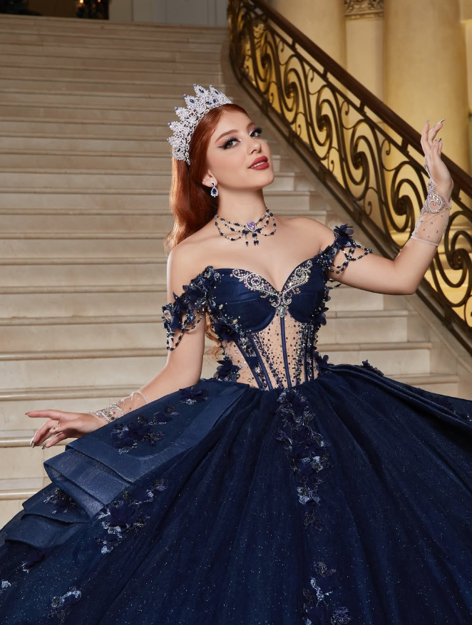 Gorgeous Navy Blue Off the Shoulder Corset Sequin Tulle Ball Gown Sweet 16 Dress Quinceanera Dress DP1883