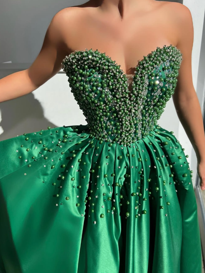 Gorgeous A Line Sweetheart Neck Pearl Rhinestone Green Satin Prom Dress Evening Dress DP1816