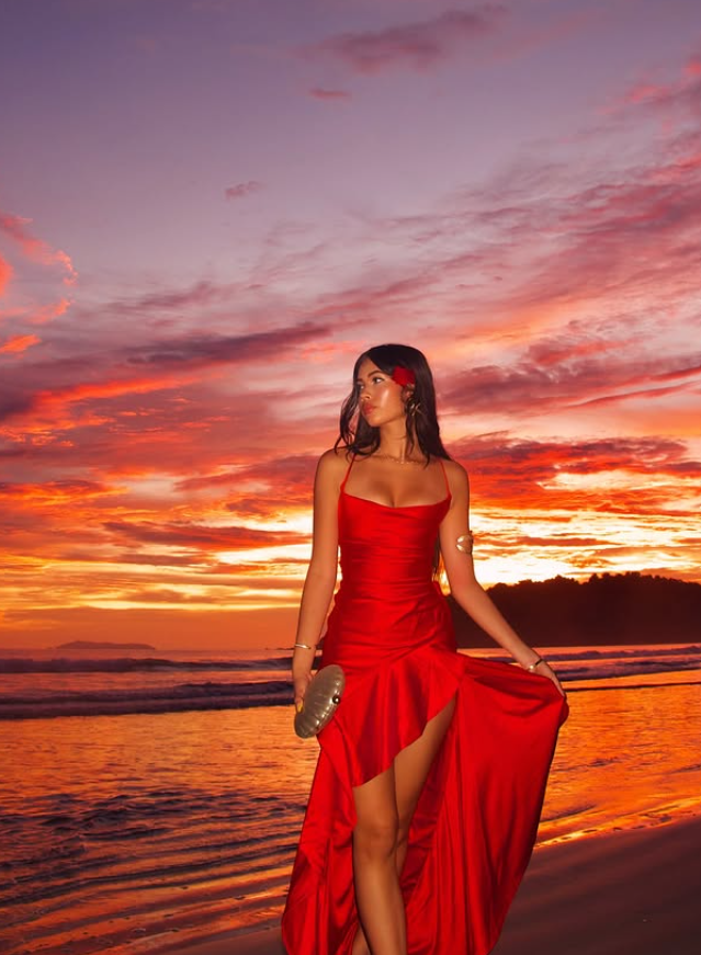 Red Mermaid Spaghetti Strap Ruffle Satin Open Back Prom Dress Vacation Dress with Slit DP3989
