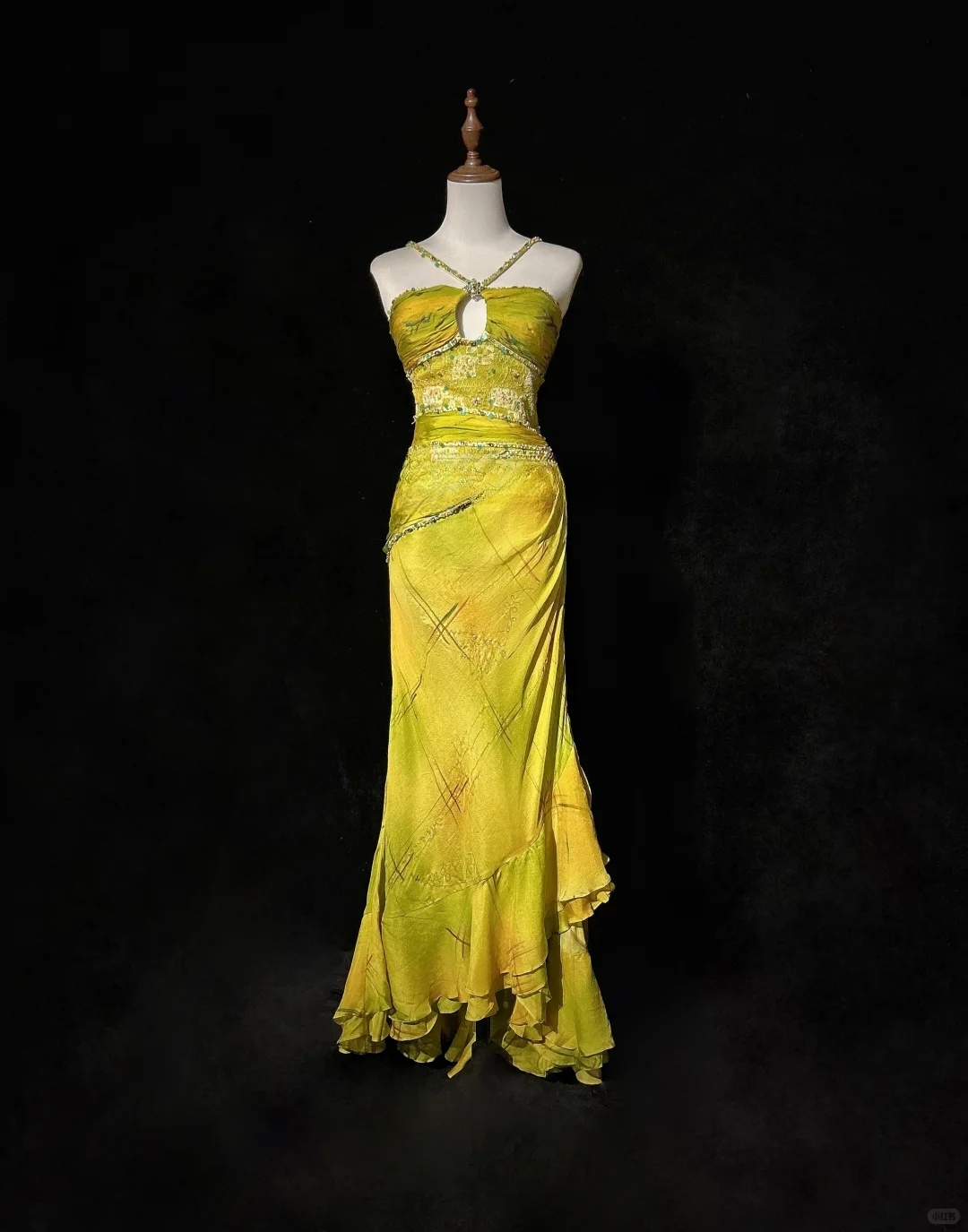 Vintage Mermaid Halter Beaded Yellow Print Flower Chiffon Prom Dress Party Dress DP2764