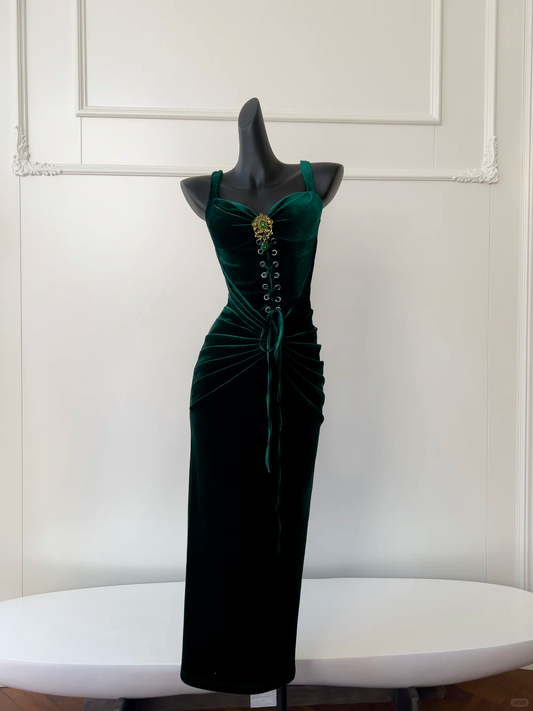 Vintage Sheath Strap Rhinestone Green Velvet Party Dress Wedding Guest Dress DP2497