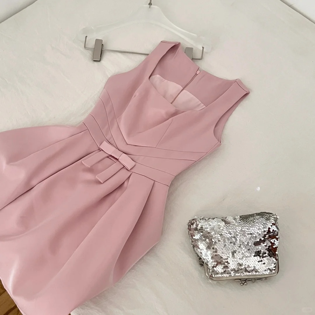 Pink A Line Straps Bow Satin Mini Homecoming Dress Birthday Dress DP2609