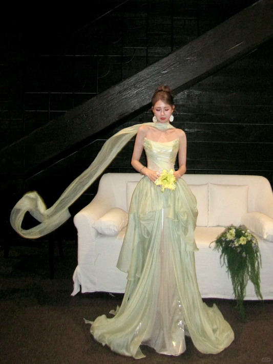 New A Line Strapless Green Chiffon Long Sweep Party Dress Prom Dress DP2508