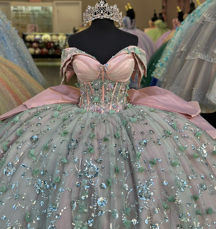 Pink Green Off the Shoulder Corset Sequin Tulle Ball Gown Sweet 16 Dre DaisyPromDress Pink Green Off the Shoulder Corset Sequin Tulle Ball Gown Sweet 16 Dre DaisyPromDress