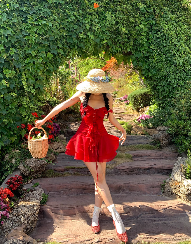 Bright Red A Line Spaghetti Strap Ruffle Chiffon Short Homecoming Dress Vacation Dress DP3642