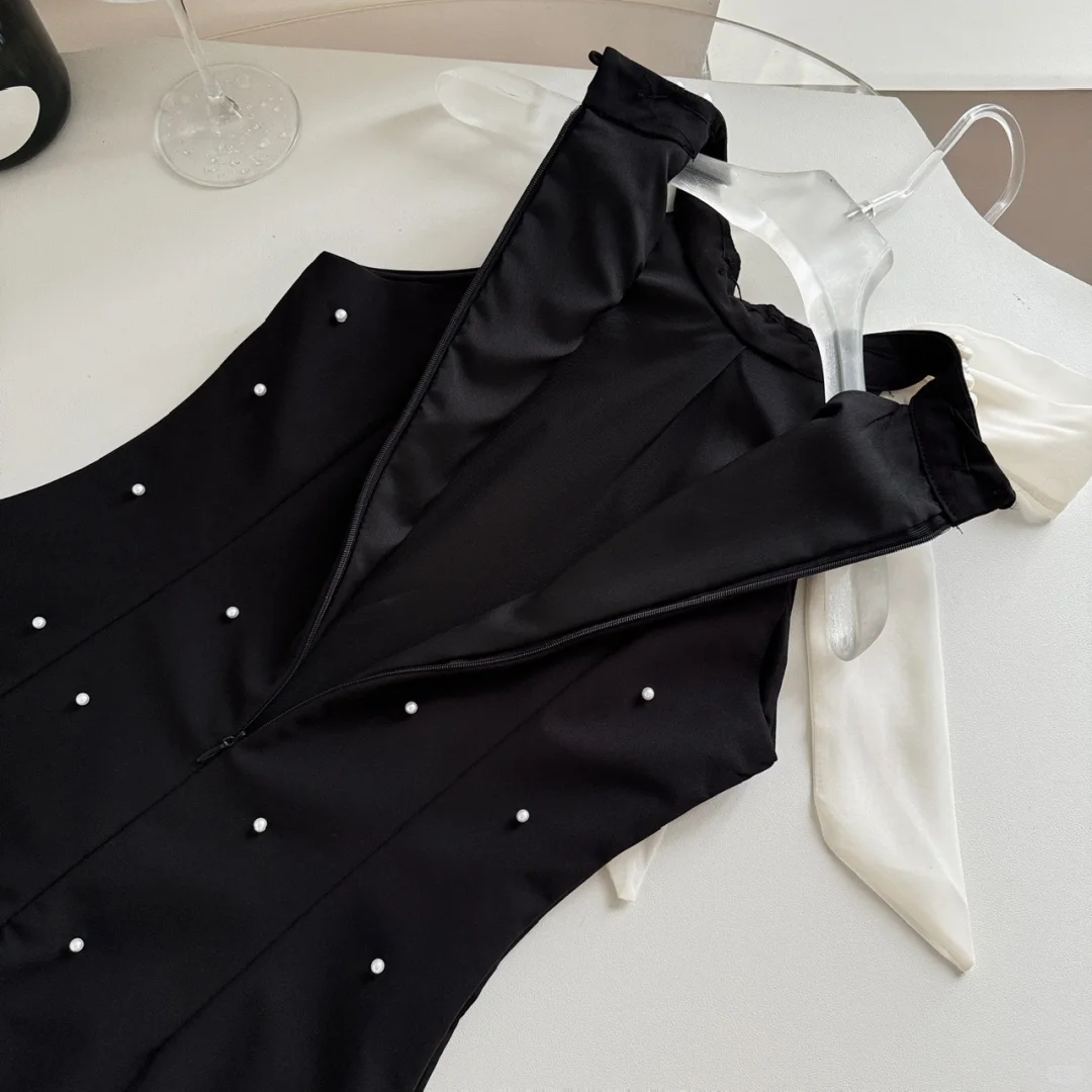 Cute A Line Halter Pearl Black Satin Short Homecoming Dress Cocktail Dress DP2674