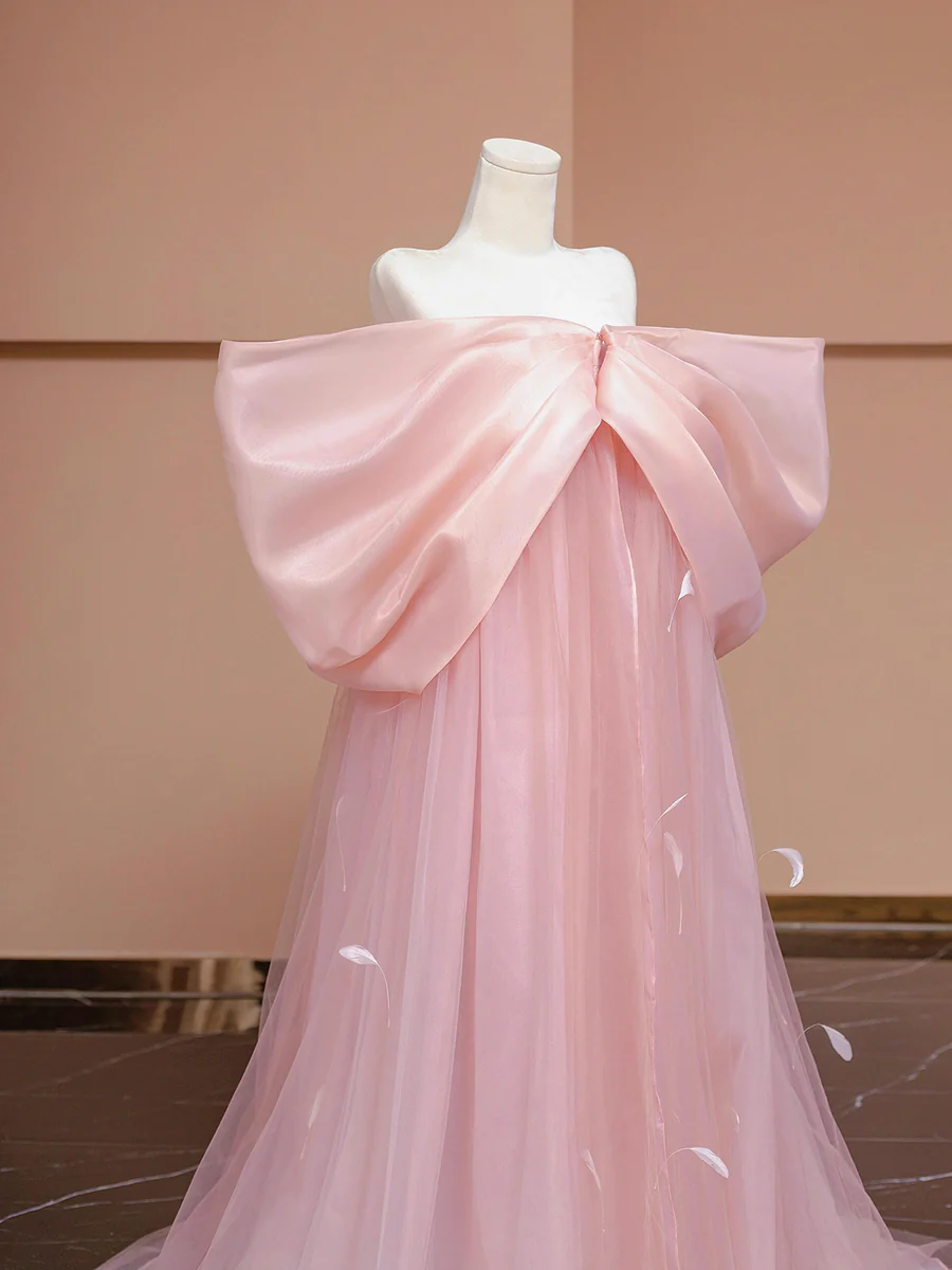 Pink Bow Floor Length Prom Dress, Lovely A-Line Princess Off the Shoulder Formal Dress DP2021
