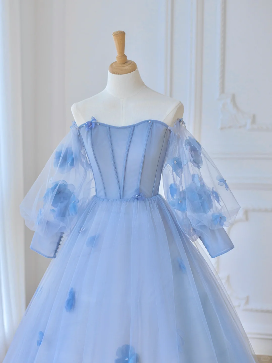 Elegant A Line Long Sleeve Flower Blue Tulle Long Prom Dress Party Dress DP2725