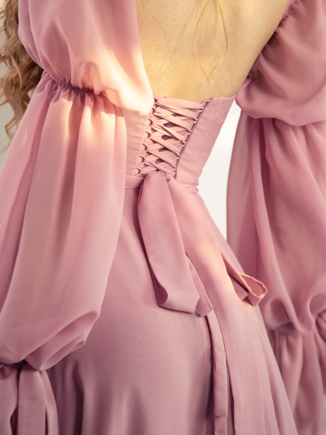 Princess Pink A Line Long Sleeve Chiffon Long Prom Dress Evening Dress DP2802
