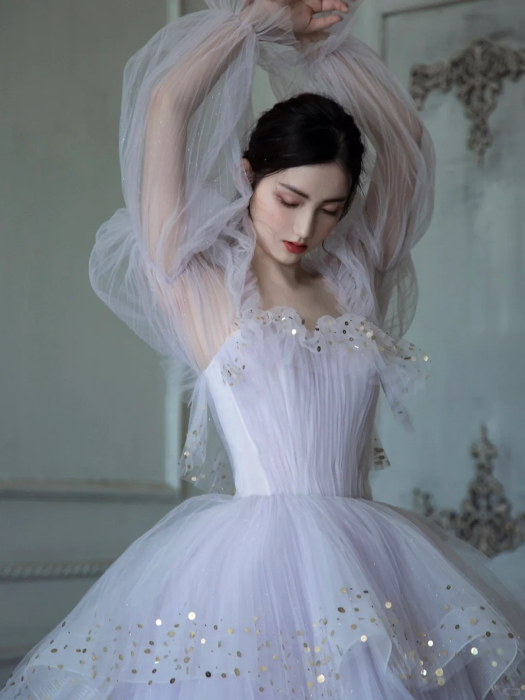 Purple A Line Long Sleeve Layered Sequin Tulle Long Party Dress Evening Dress DP2554