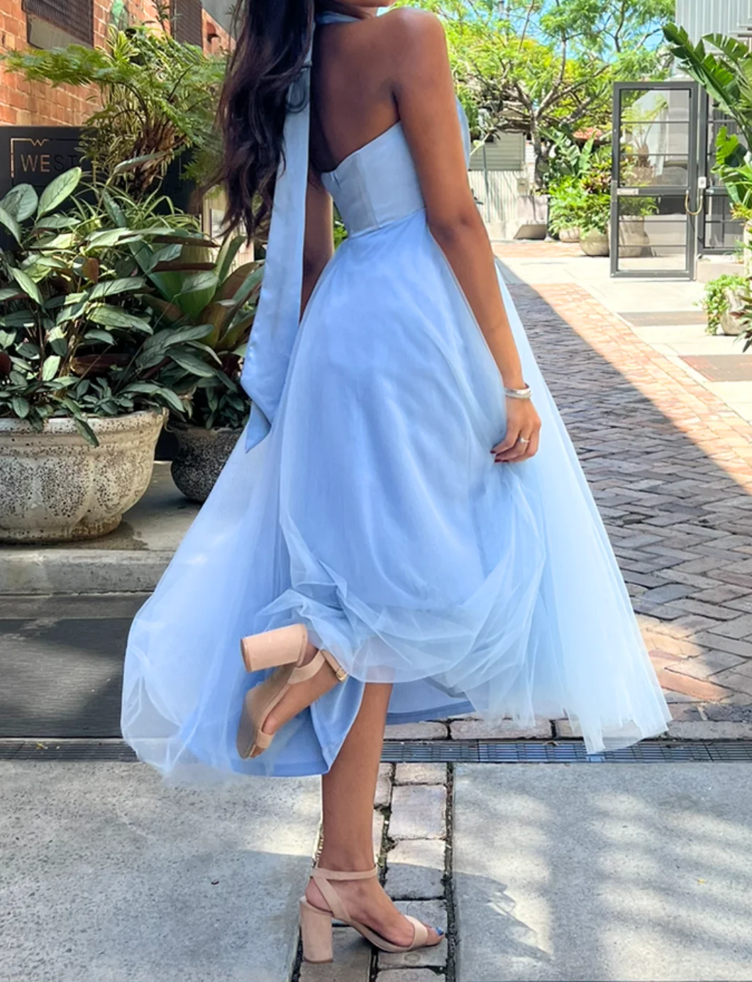 Blue A Line Halter Satin Tulle Tea Length Homecoming Dress Outlets DP1218