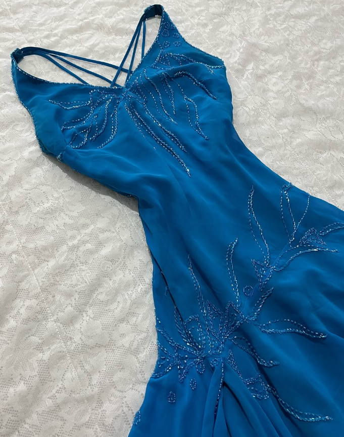 Cute Vintage A Line Spaghetti Strap Beaded Blue Chiffon Prom Dress Graduation Prom Dress DP2156