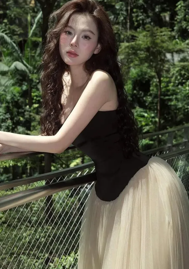 Elegant A Line Strapless Tulle Satin Long Prom Dress Evening Dress DP4264