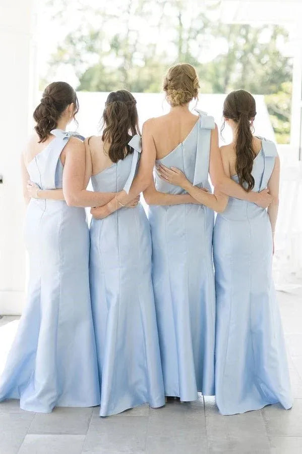 Light Blue One Shoulder Satin Sheath Long Bridesmaid Dresses DP5567