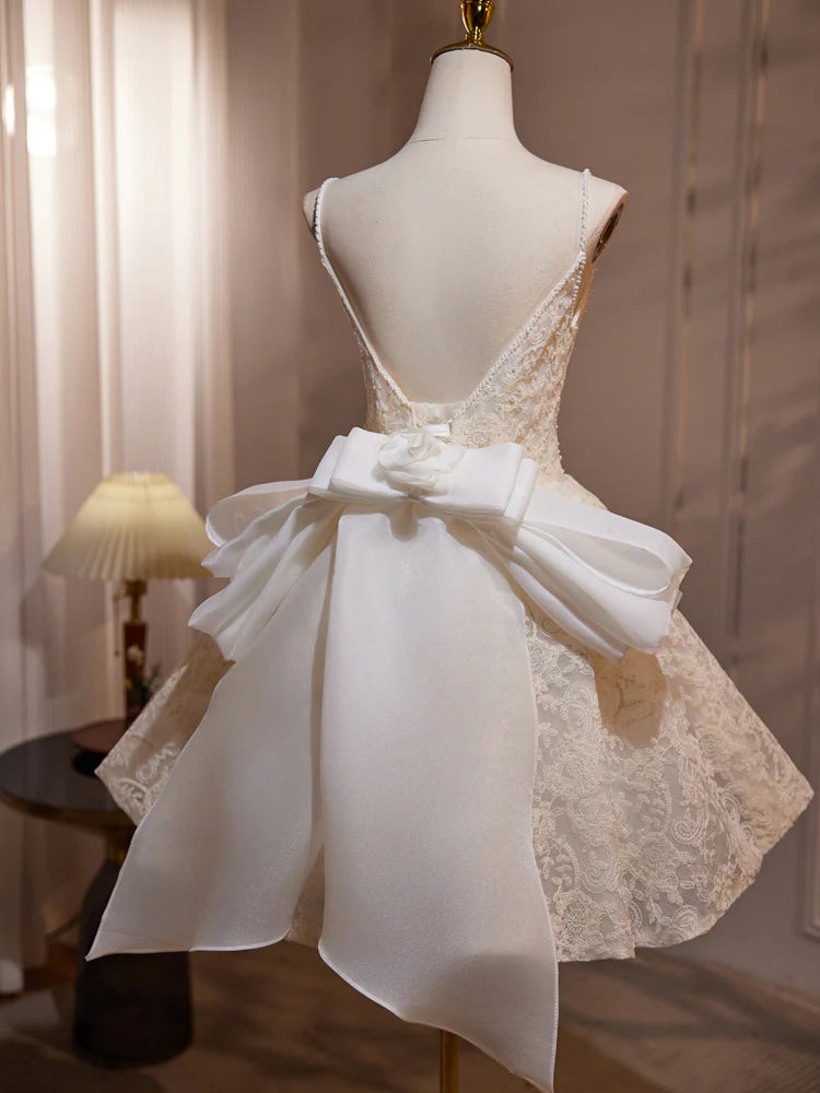 A Line V Neck Lace Bow Tulle Short Prom Dress Homecoming Dress DP1026