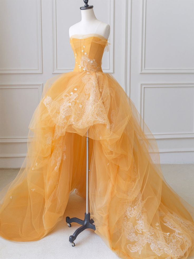 Beautiful Strapless Tulle Hi_Low Prom Dress Appliques Evening Dress DP596