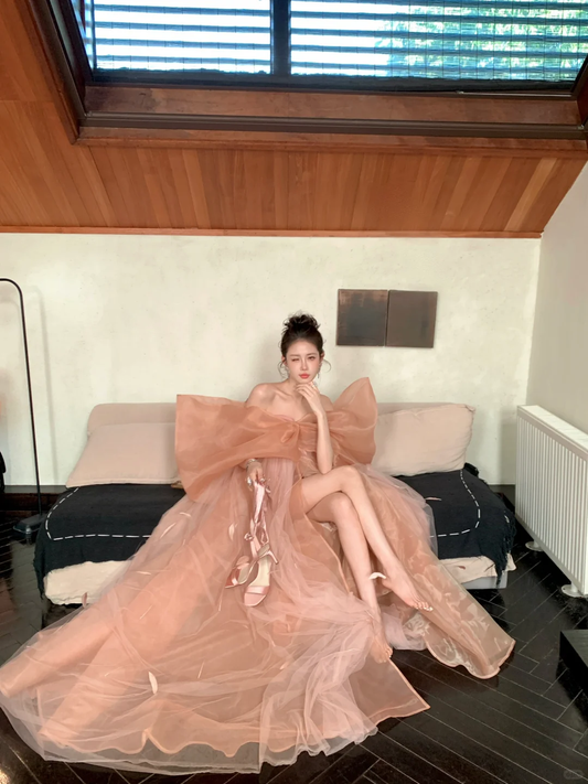 Gorgeous A Line Off the Shoulder Bow Feather Tulle Organza Long Party Dress Prom Dress DP2527