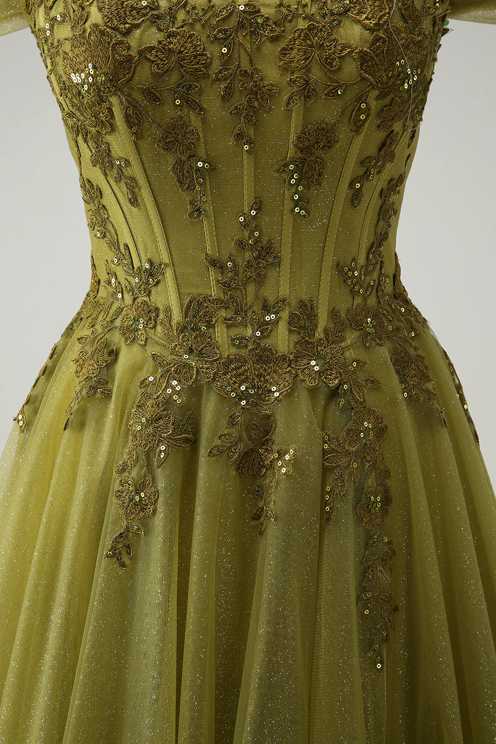 Green A Line Off the Shoulder Appliques Tulle Long Prom Dress Evening Dress DP1473