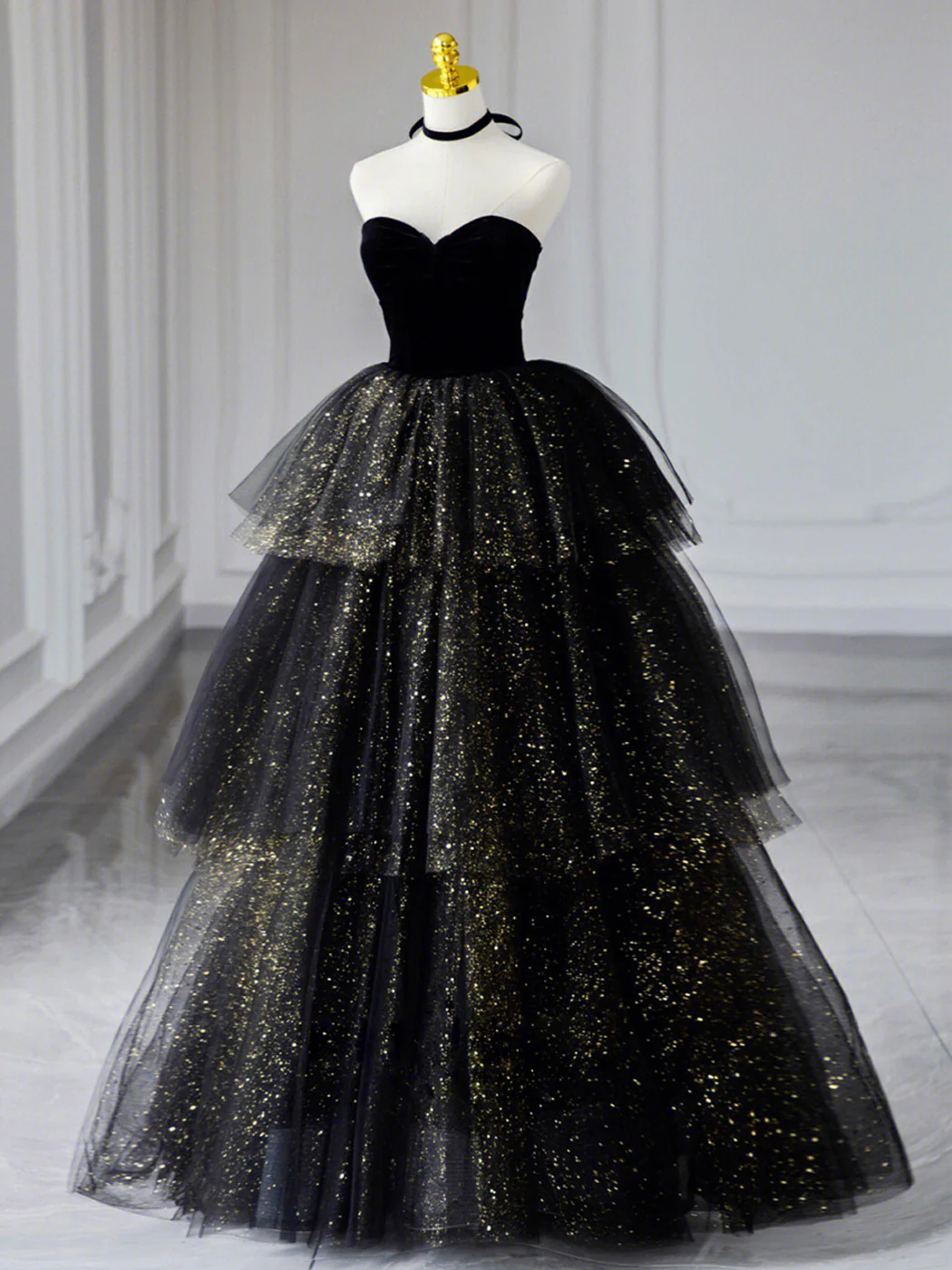 Classic Black Strapless Velvet Tulle Long Prom Dress Sweet 16 Ball Gown Quinceanera Dress DP076