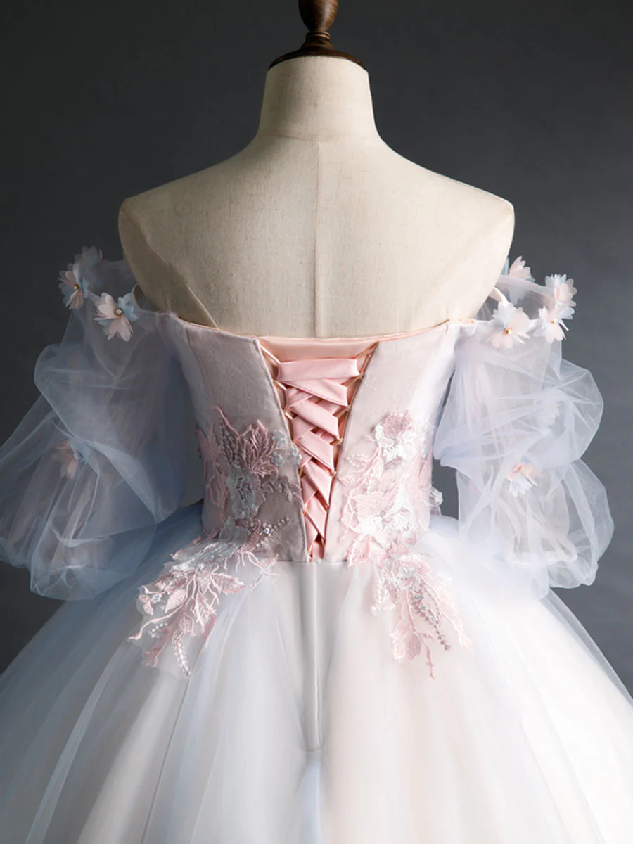 Pink Tulle Lace Appliques Long Prom Dress Sweet 16 Ball Gown Quinceanera Dress DP087