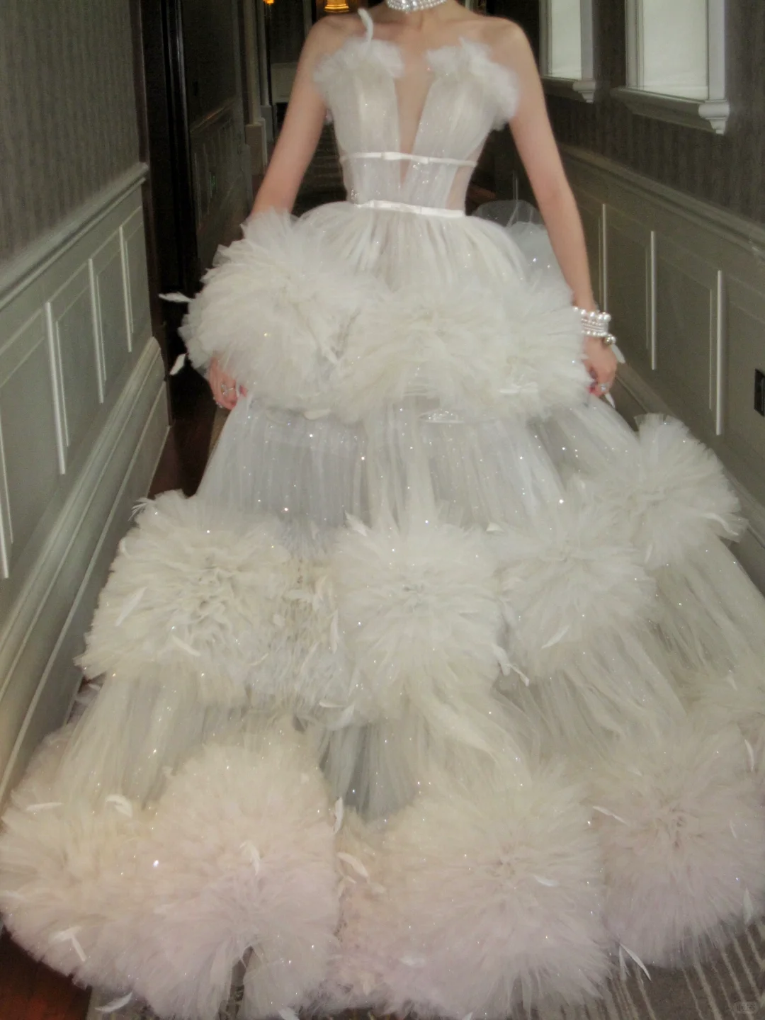 Ball Gown V Neck Feather Sequin Layered Tulle Long Party Dress Evening Dress DP2553