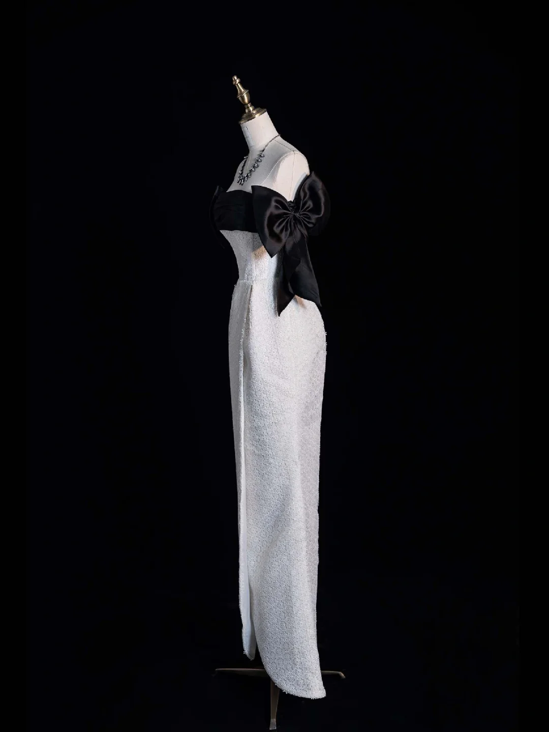 Cute Mermaid Off the Shoulder Black Bow White Lace Long Evening Dress Party Dress DP2294