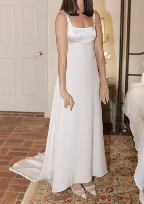 Simple Ball Gown Spaghetti Strap Satin Long Sweep Wedding Dress DP1877