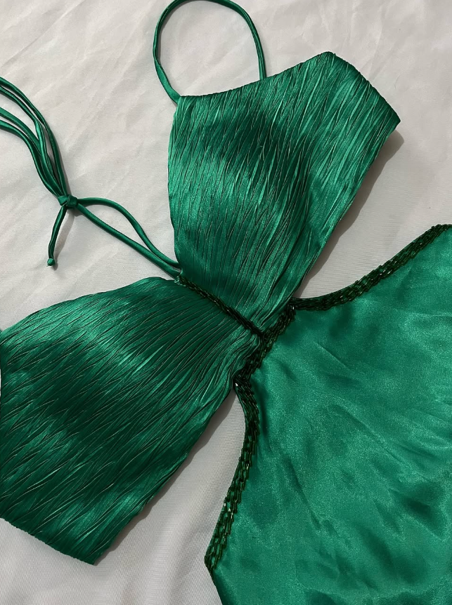 Charming A Line Spaghetti Strap Beaded Green Satin Open Back Prom Dress Evening Dress DP2140