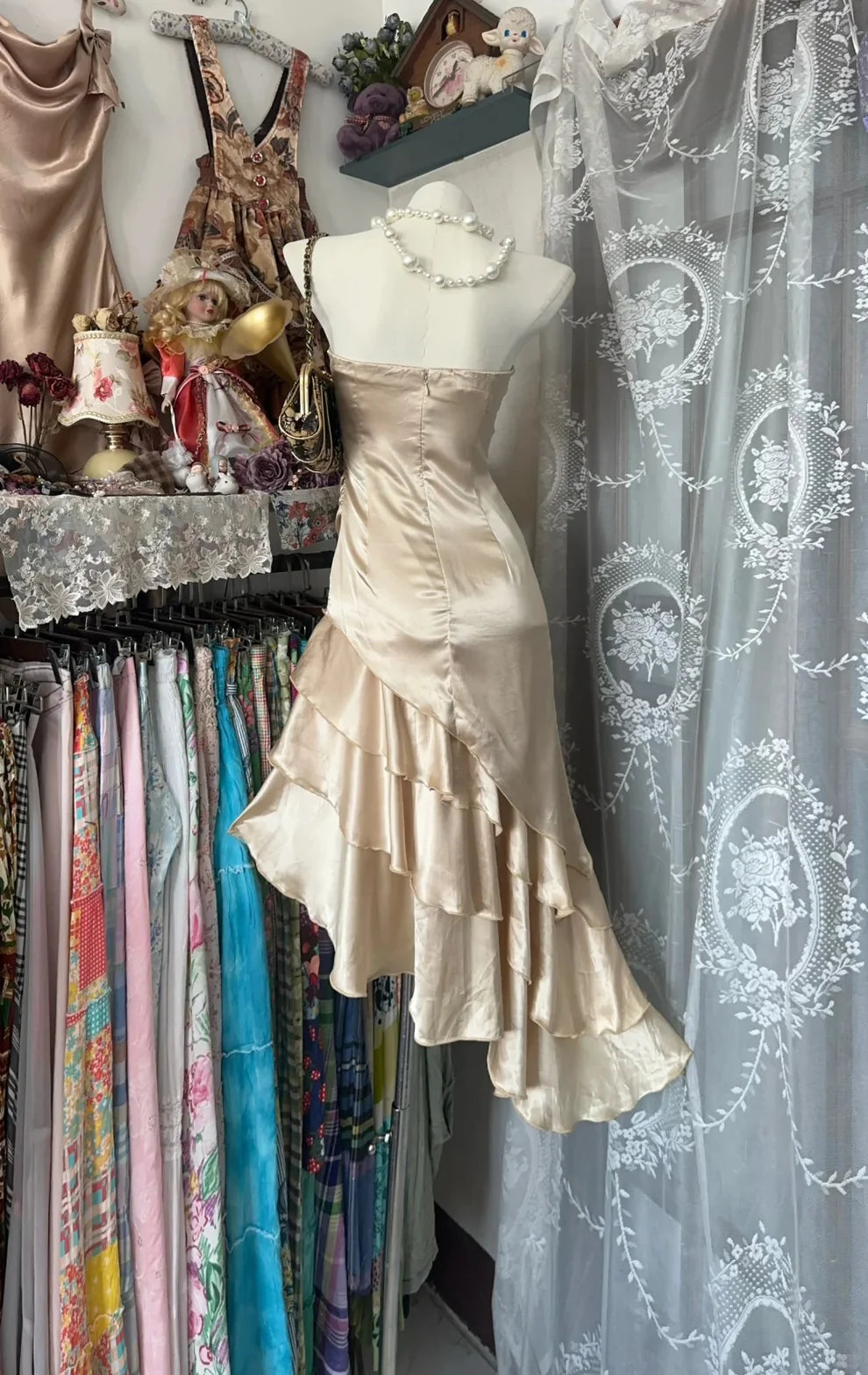 Champagne Mermaid Strapless Short Ruffle Satin Homecoming Dress Birthday Dress DP4006