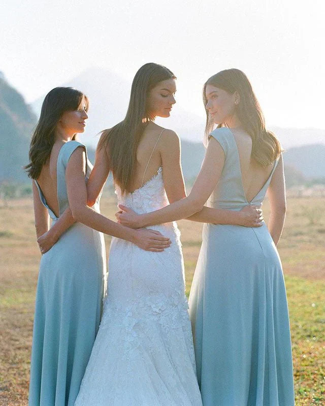 Simple A Line Satin V Neck Blue Sleeveless Long Bridesmaid Dresses DP5543