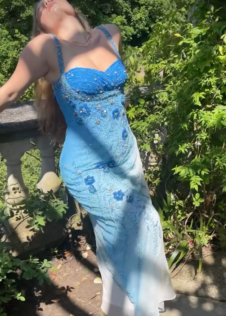 Gorgeous Sheath Strap Beaded Blue Ombre Chiffon Prom Dress Graduation Prom Dress DP2218