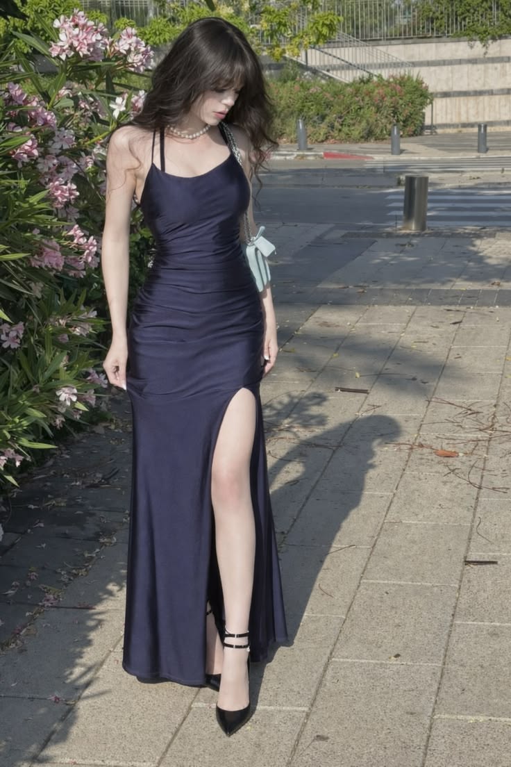 Navy Blue Sheath Spaghetti Strap Satin Slit Prom Dress Party Dress DP6542