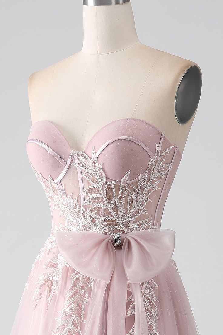 Sparkly A Line Strapless Tulle Long Prom Dress Evening Dress with Bow DP1378