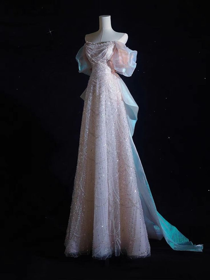 Pink Pretty A Line Off the Shoulder Pearl Sequin Tulle Prom Dress Party Dress DP3067