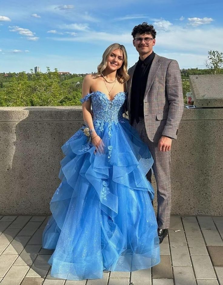Blue Ball Gown Off the Shoulder Lace Appliques Ruffle Tulle Prom Dress Evening Dress DP8042