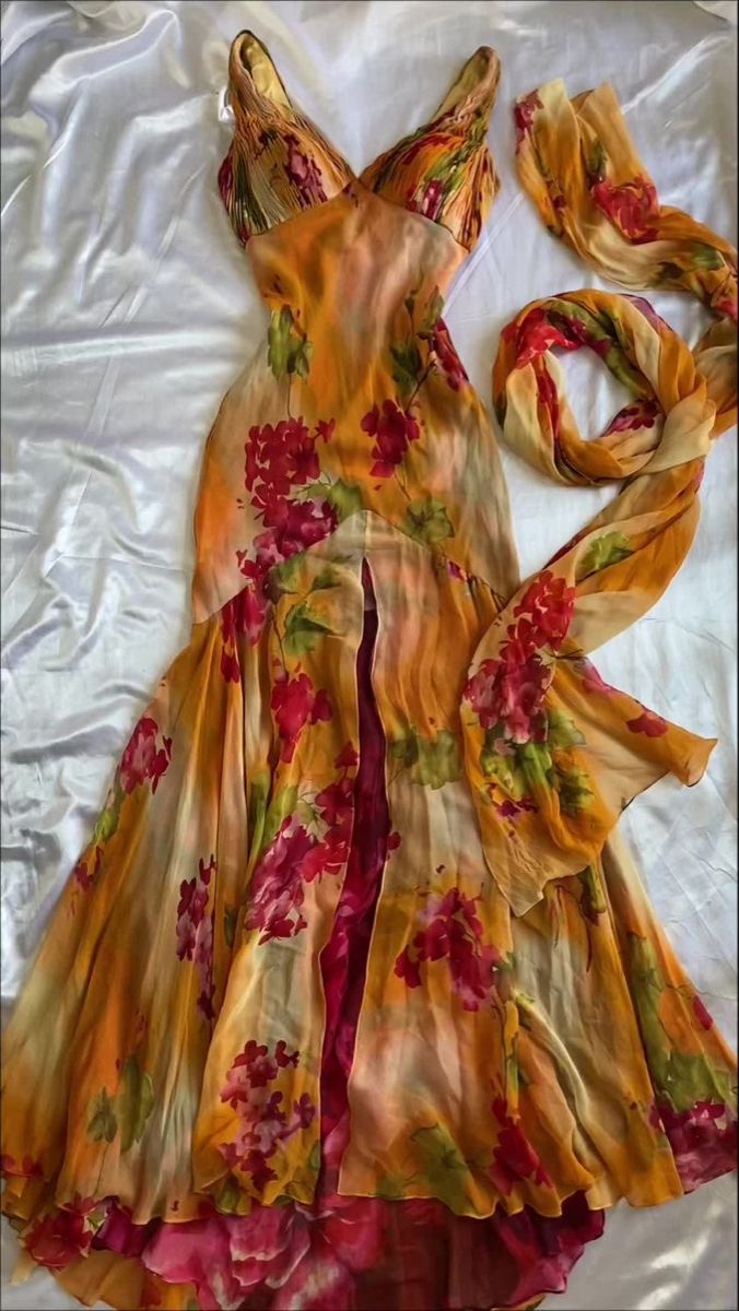 Pink Print Floral Exquisite Mermaid V Neck Orange Chiffon Prom Dress Evening Dress Date Dress DP3054
