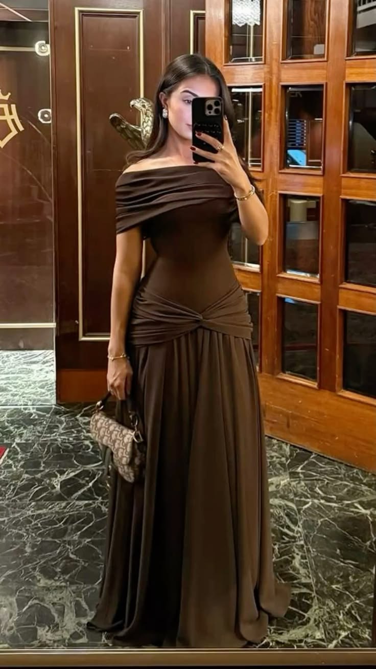 Simple Brown A Line Off the Shoulder Satin Prom Dress Evening Dress DP7532