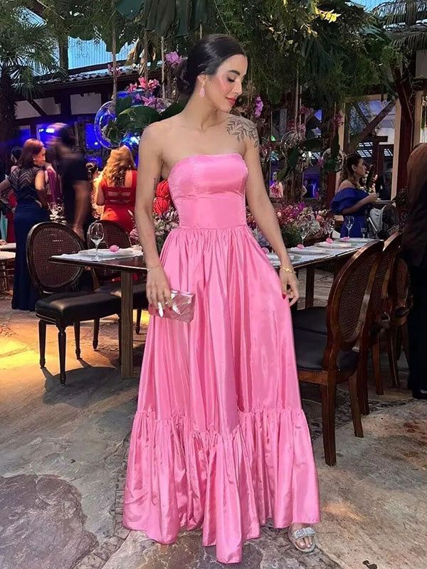 A Line Strapless Satin Long Party Prom Dresses DP761