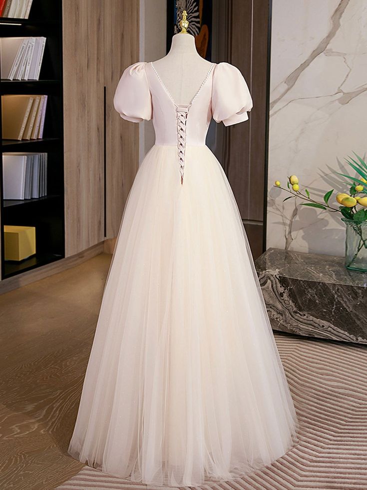A Line Puff Sleeve Tulle Satin Long Prom Dress Formal Graduation Dresses DP1088
