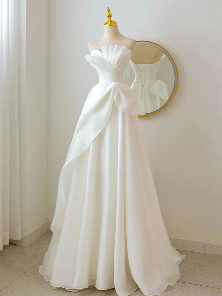 Elegant A Line Strapless White Organza Long Prom Dress Formal Dress DP1178