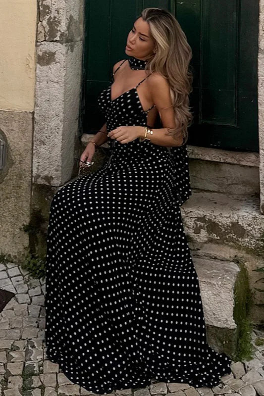 Polka Dot Sexy A Line Spaghetti Strap Black-white Chiffon Prom Dress Evening Dress DP5579